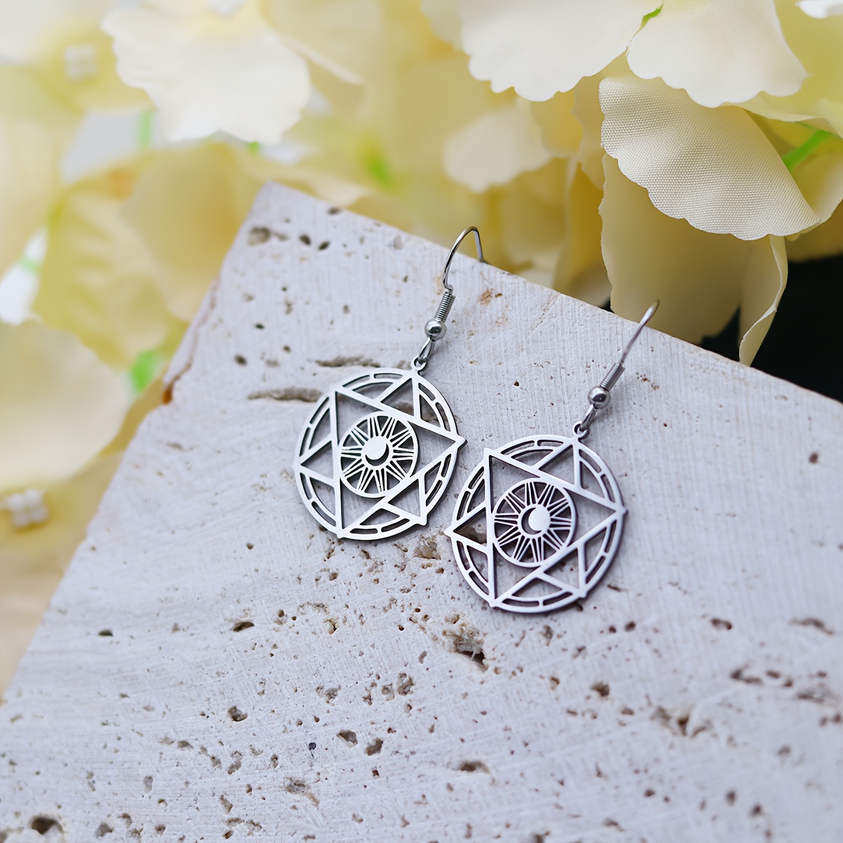 Stainless Steel Star of David & Crescent Sun Charms Earrings